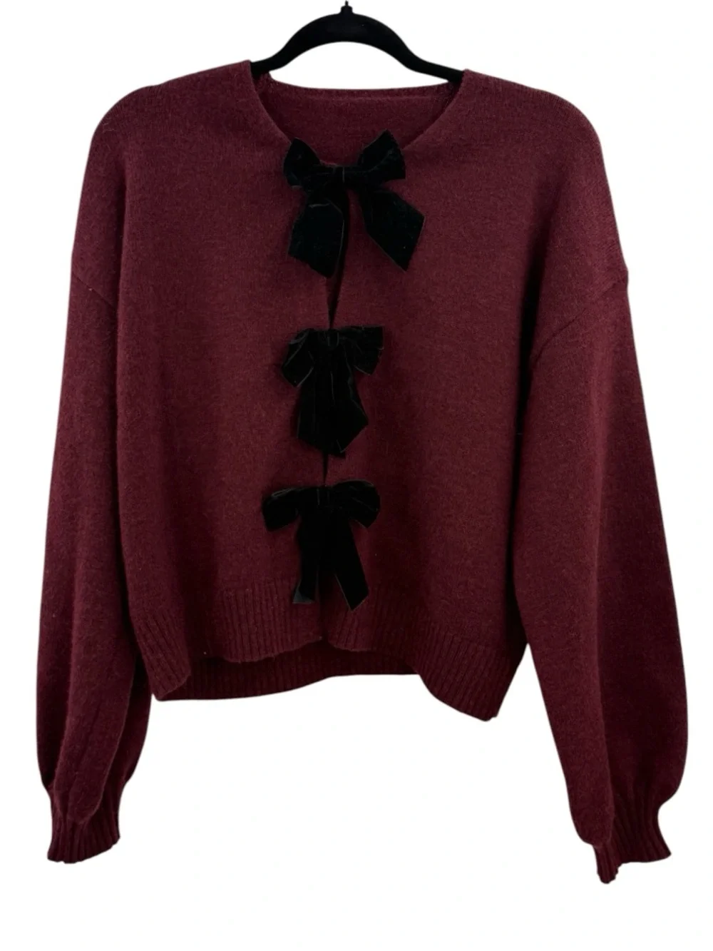 Commense Burgundy Velvet Bow Sweater Cropped Lantern Sleeve Coquette Romantic M - Picture 2 of 15